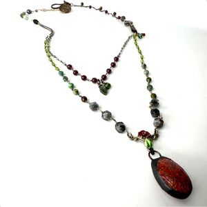 Upcycled Multiple Strand Mixed Gemstone Necklace, 1930’s Cherry Brand Pendant